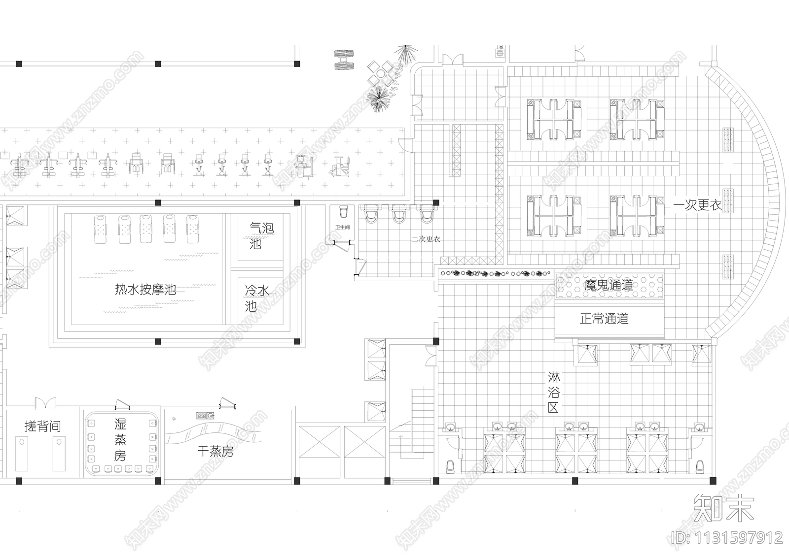 大型水疗城平面布置图cad施工图下载【ID:1131597912】