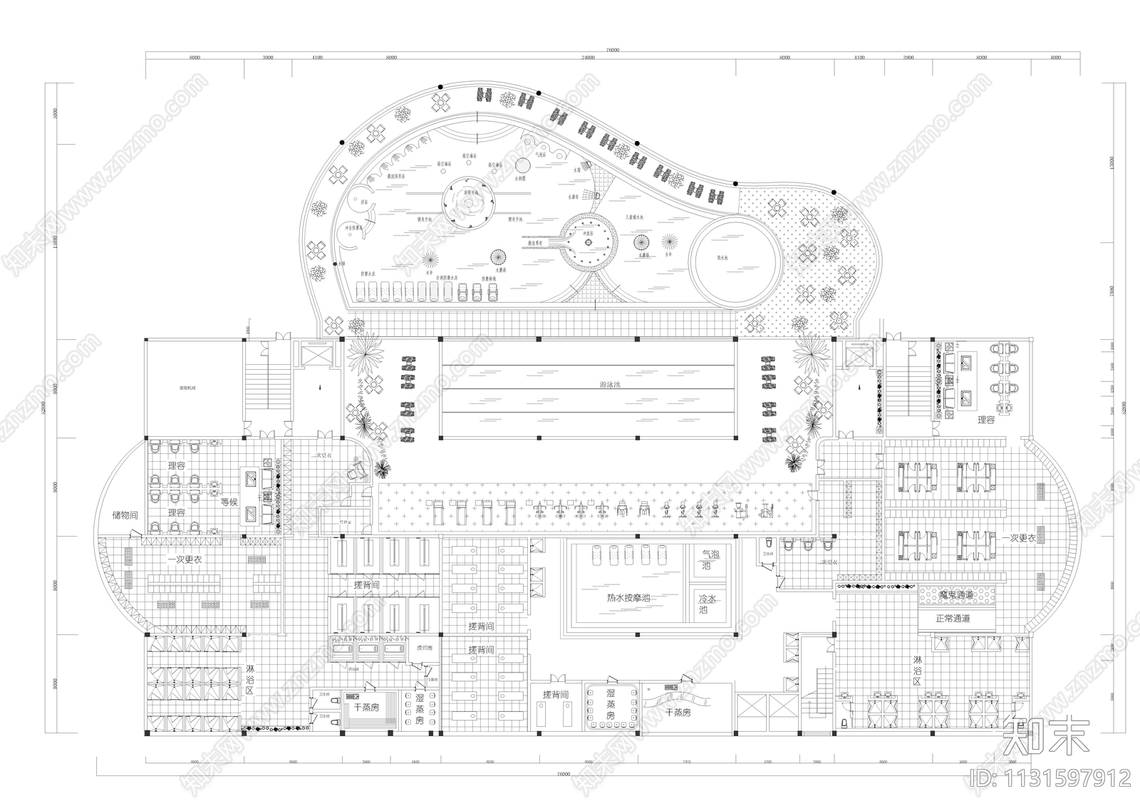 大型水疗城平面布置图cad施工图下载【ID:1131597912】
