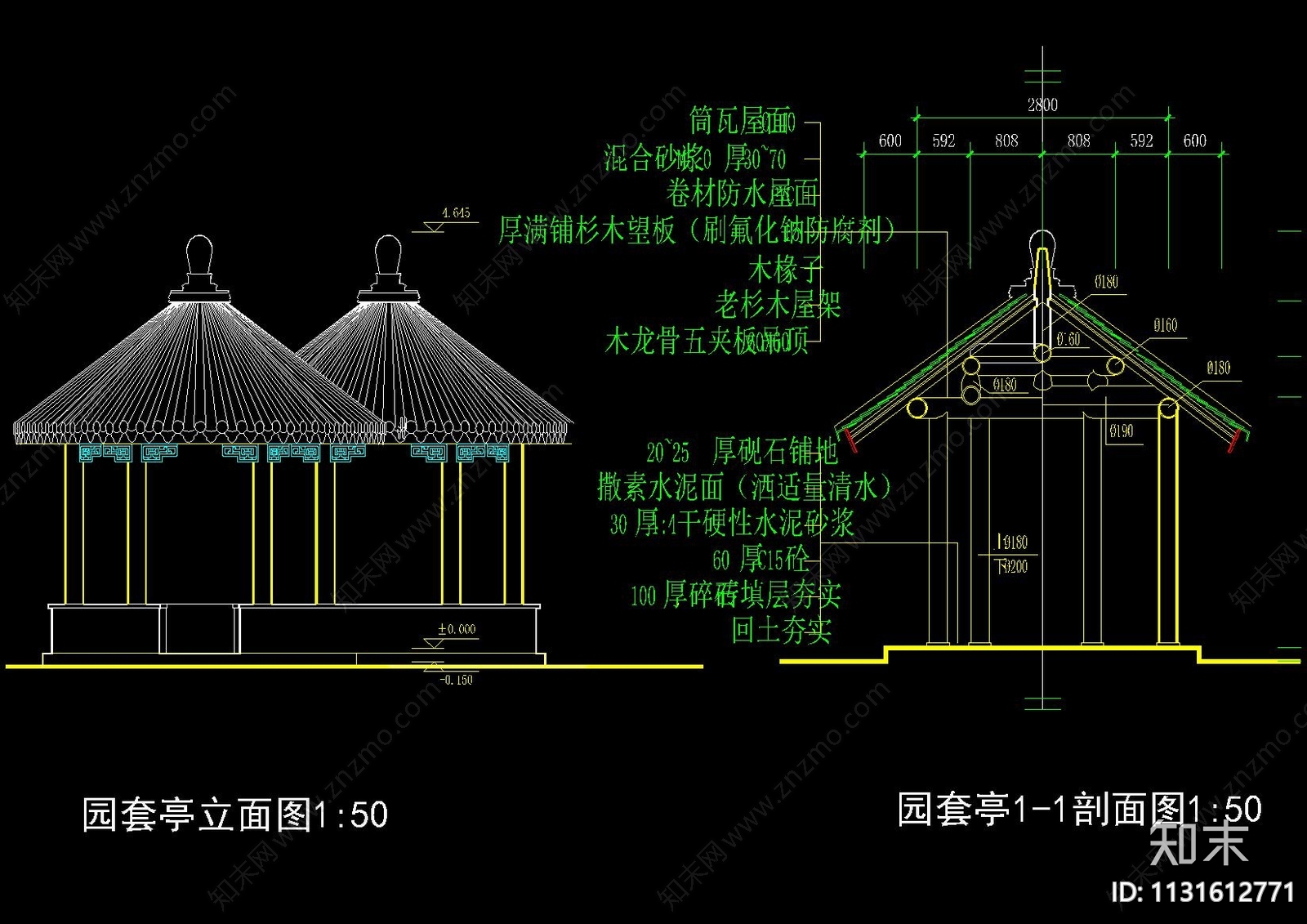 中式古建四角五角六角八角亭圆亭梭子亭cad施工图下载【ID:1131612771】