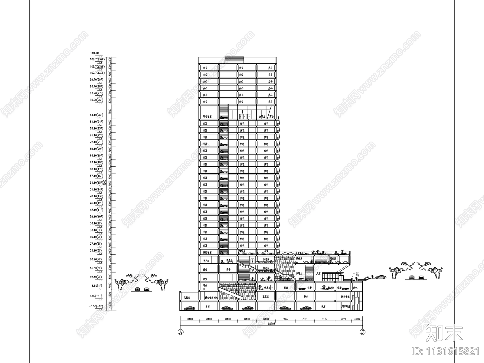 名仕公寓型酒店建筑cad施工图下载【ID:1131615821】