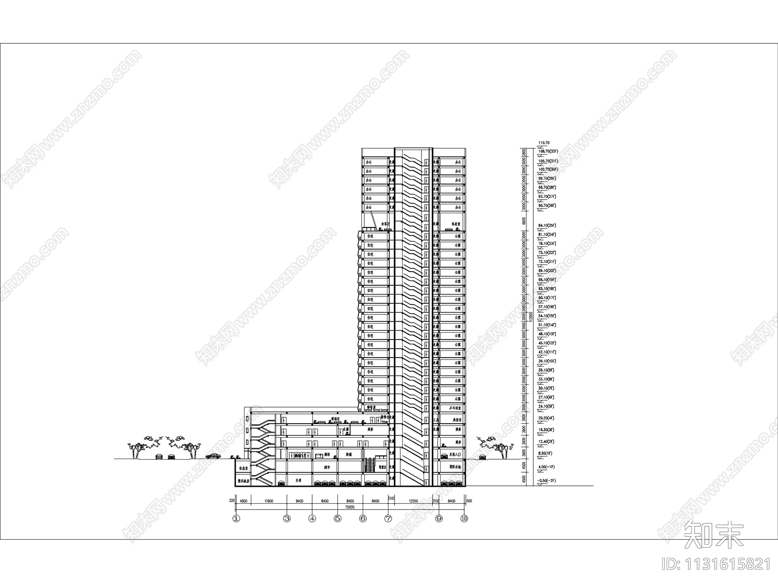 名仕公寓型酒店建筑cad施工图下载【ID:1131615821】