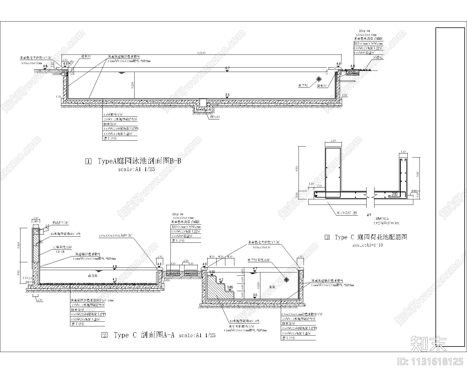 泳池挡墙特色水景别墅景观cad施工图下载【ID:1131618125】