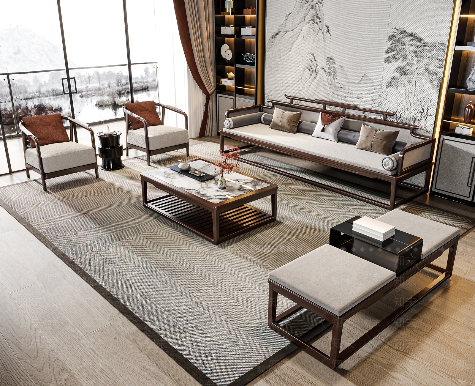 新中式沙发茶几组合3D模型下载【ID:1131619826】_知末3d模型网