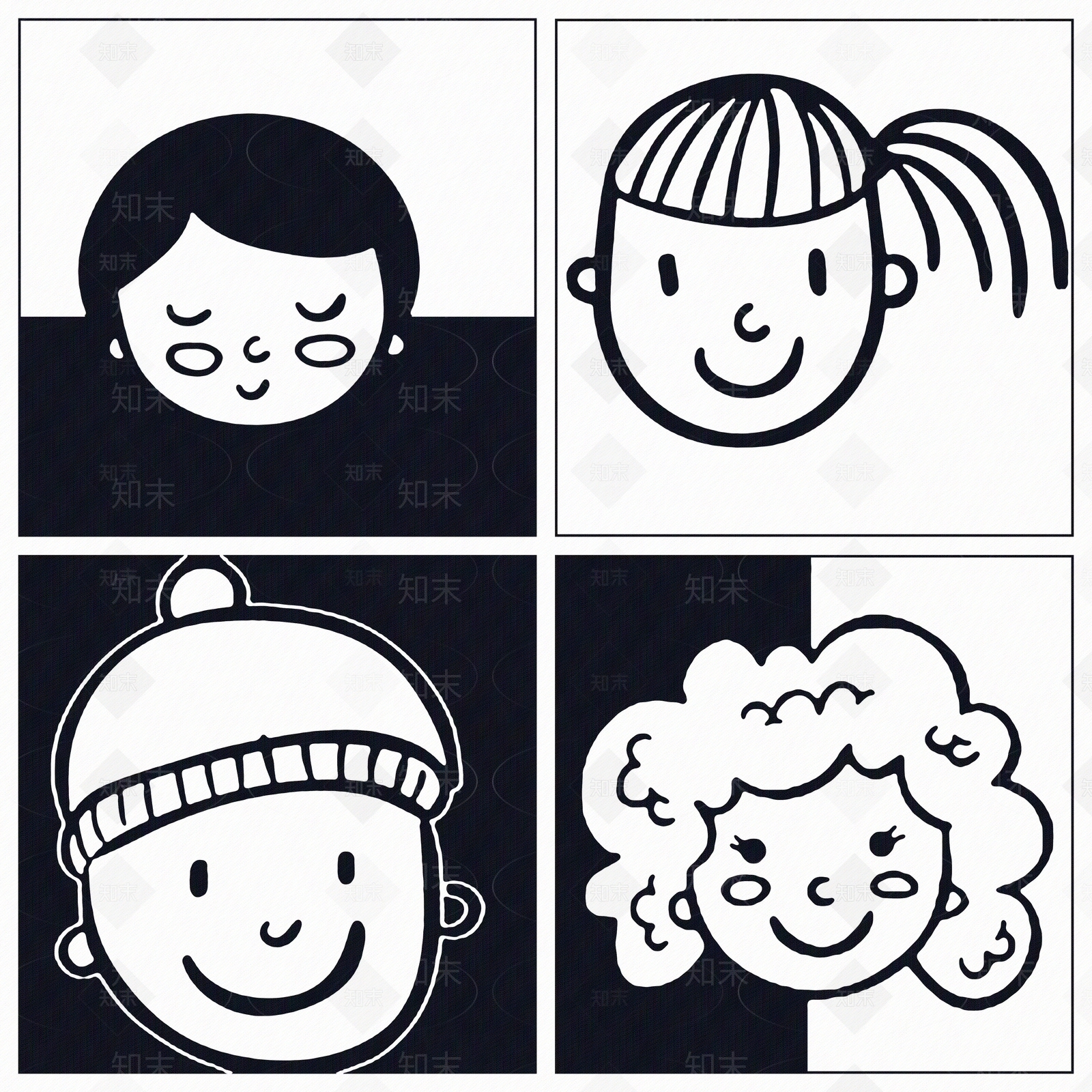 简色黑白卡通儿童手绘纹理花砖贴图下载【ID:1131625240】