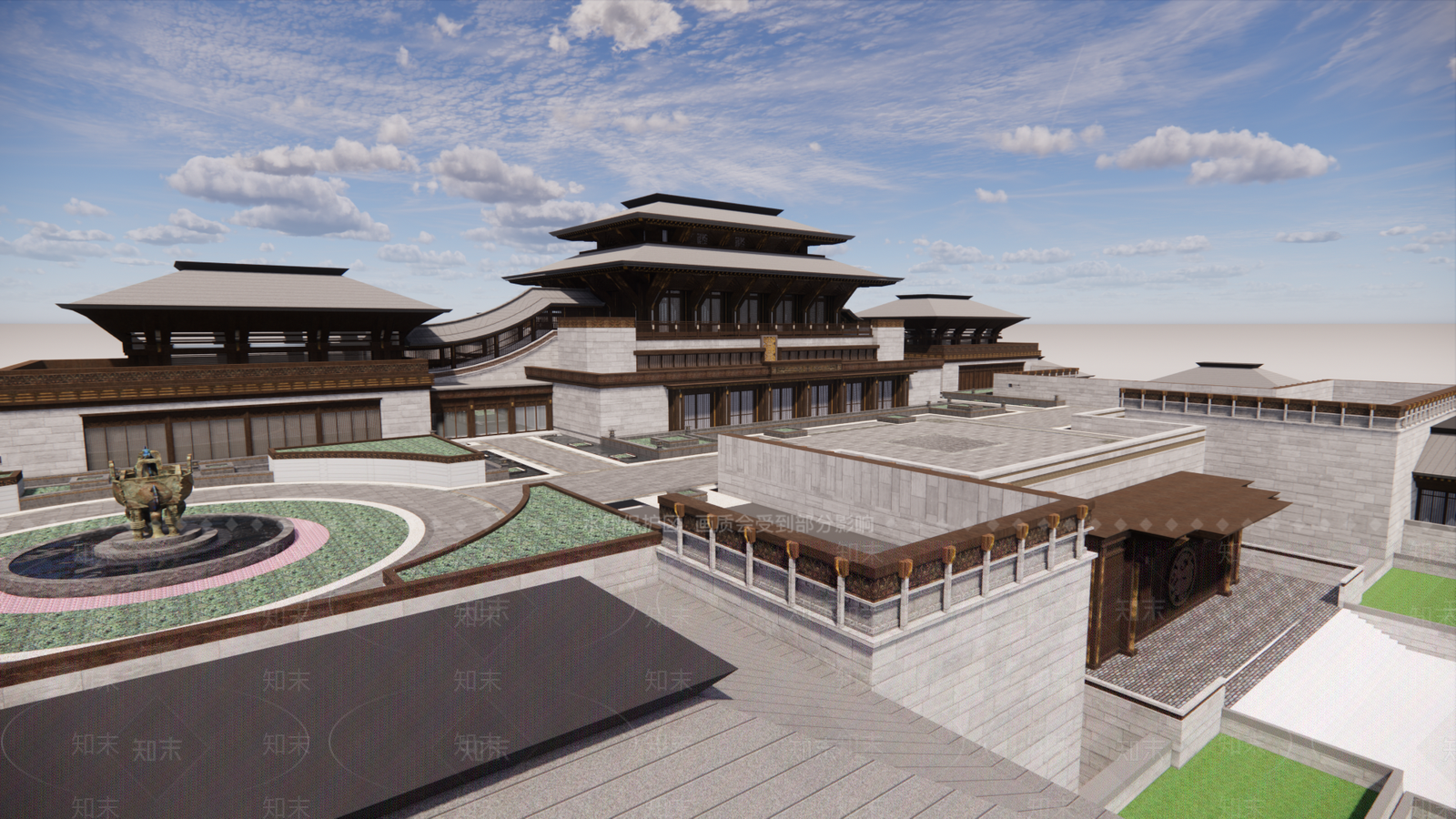 新中式城市展览馆建筑SU模型下载【ID:1131625822】