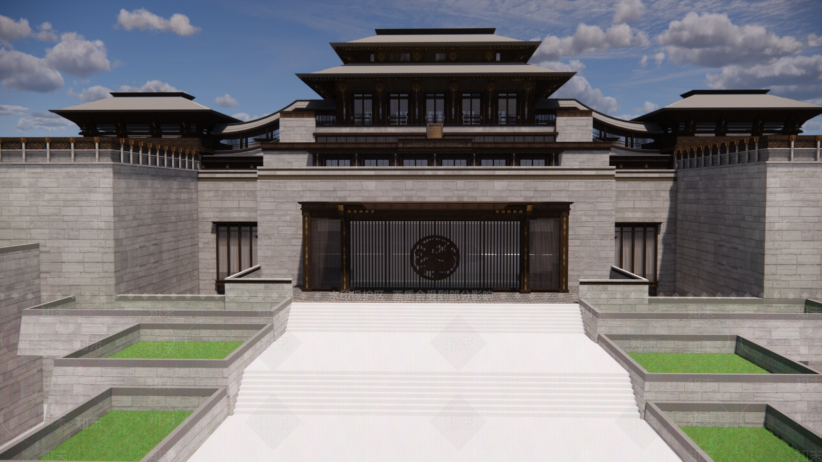 新中式城市展览馆建筑SU模型下载【ID:1131625822】