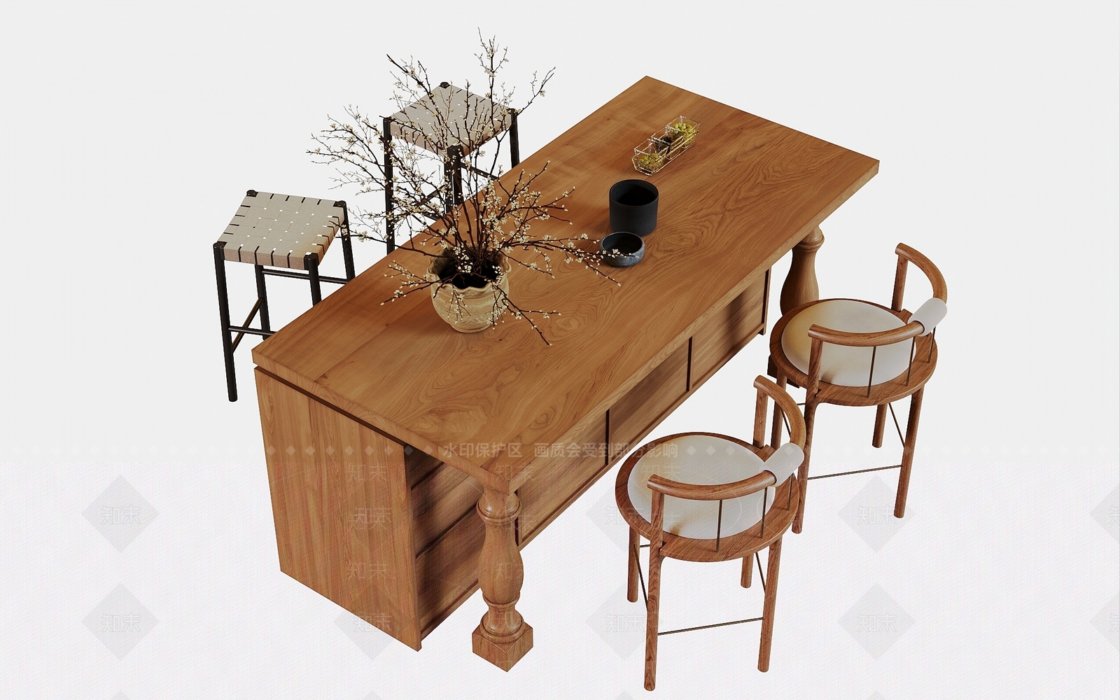 侘寂吧台吧椅组合3D模型下载【ID:1131627592】