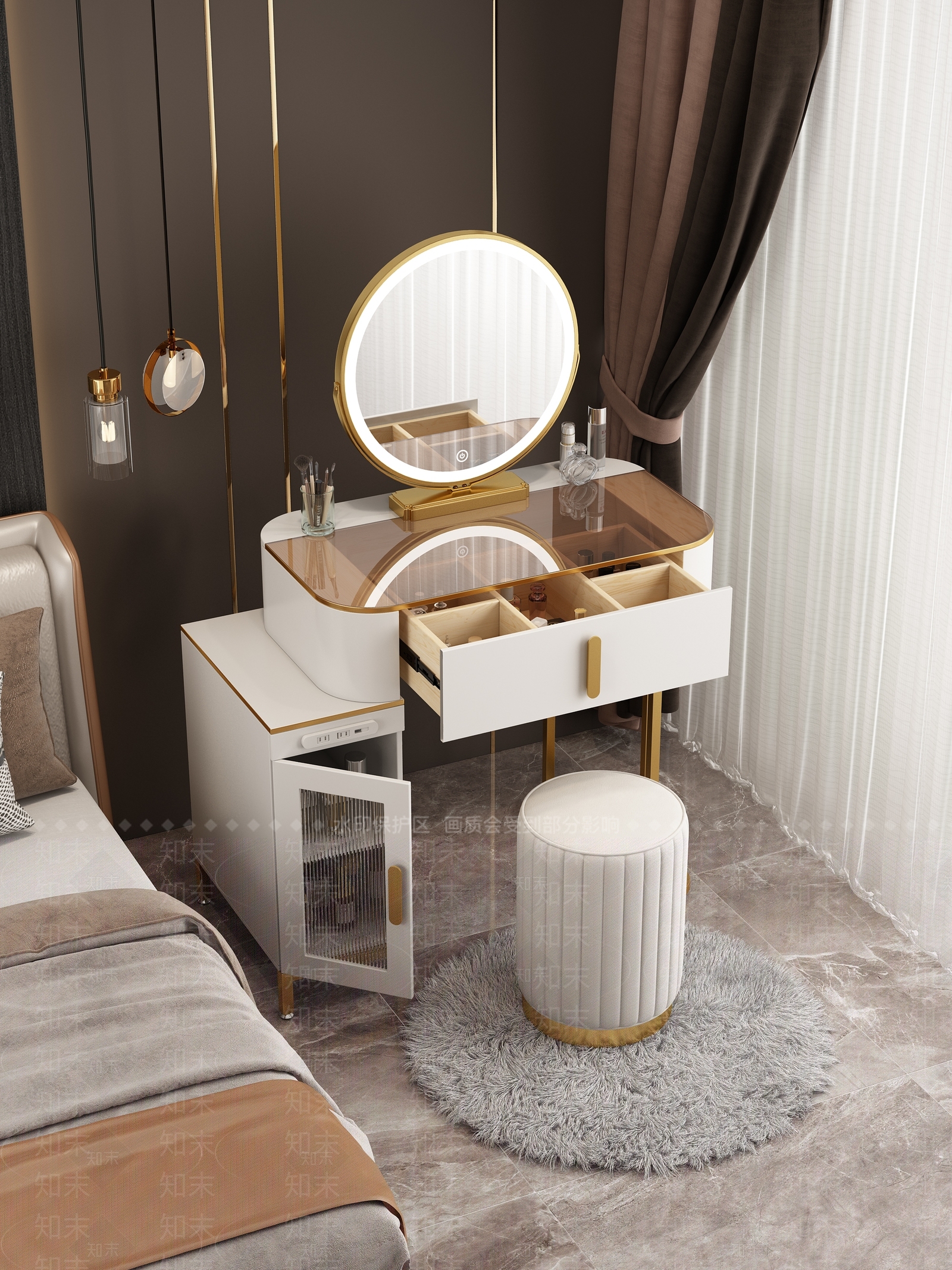 现代妆台妆凳组合3D模型下载【ID:1131629850】