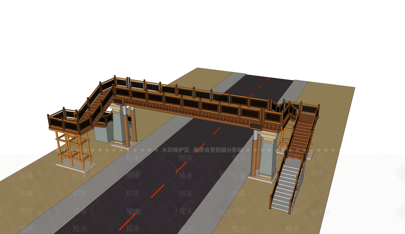 中式藏式过街天桥格栅SU模型下载【ID:1131637637】