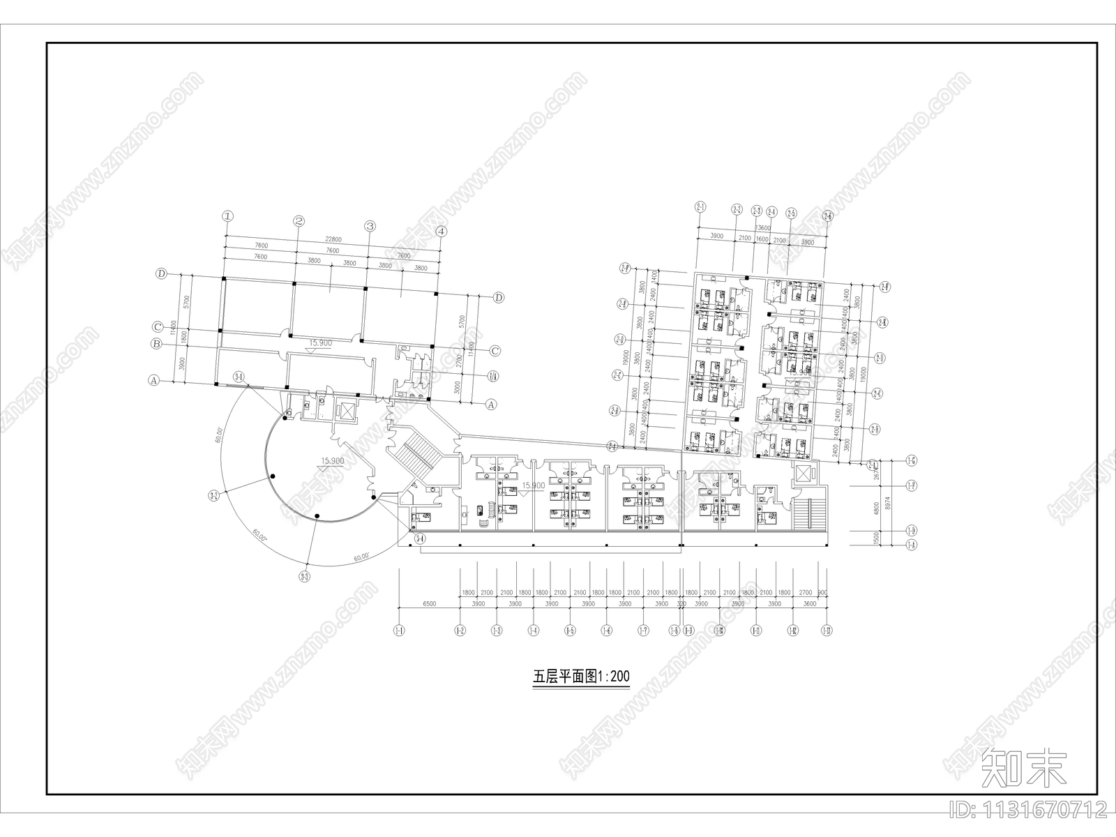 五层U字型酒店cad施工图下载【ID:1131670712】