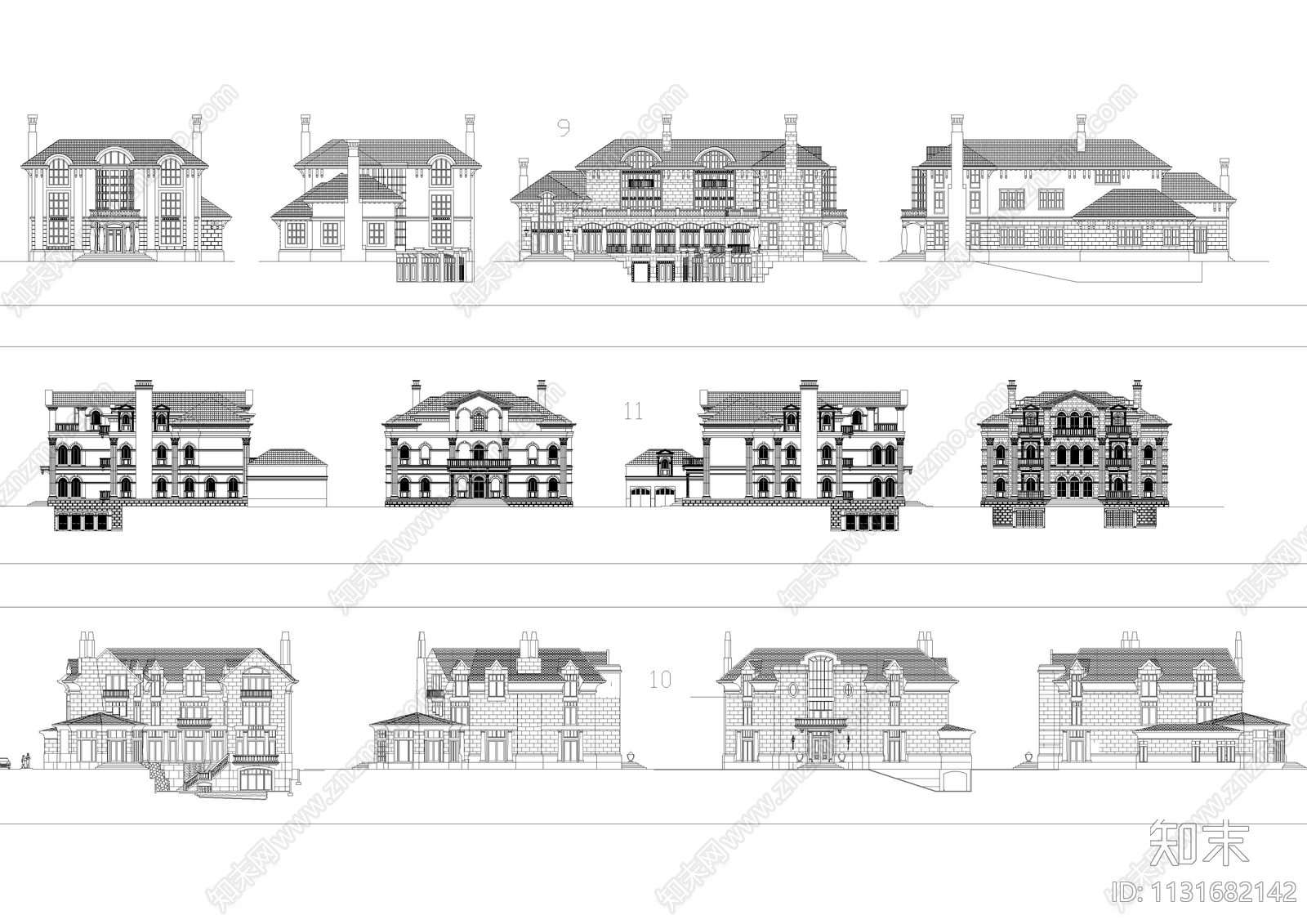 14套别墅外立面设计图库施工图下载【ID:1131682142】