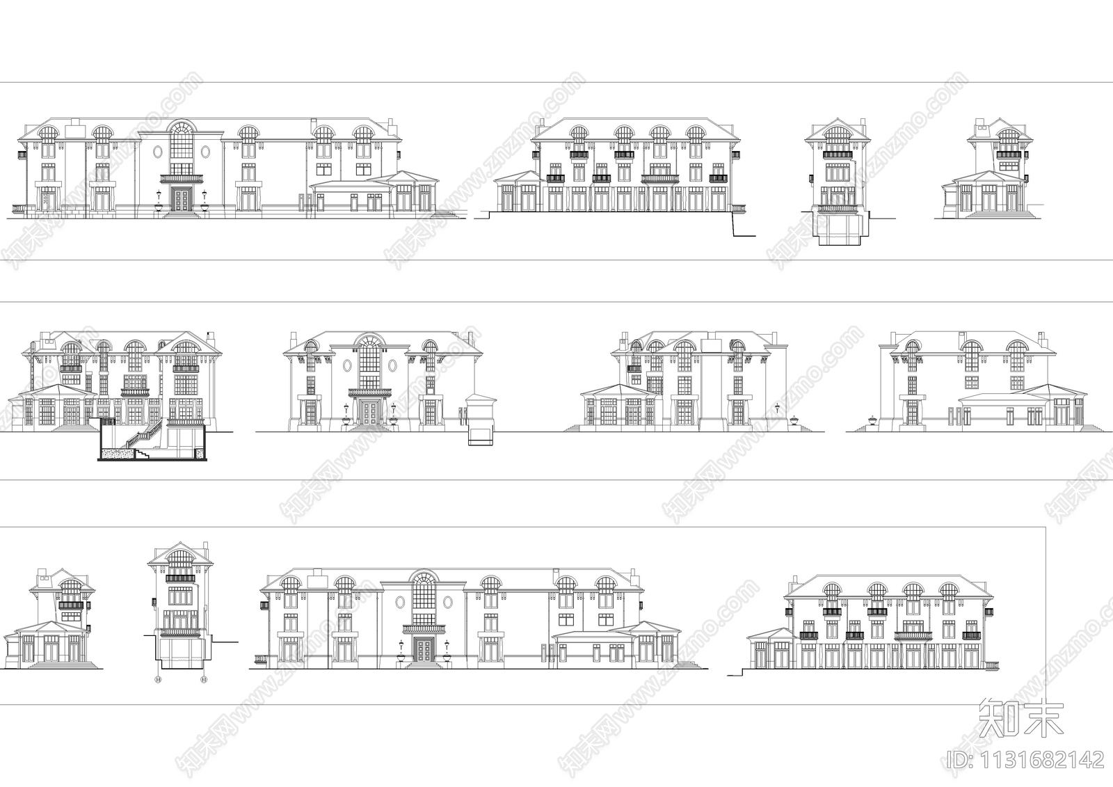 14套别墅外立面设计图库施工图下载【ID:1131682142】