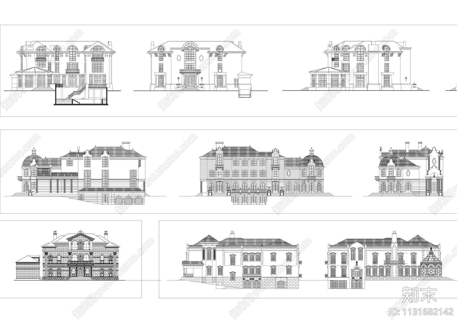 14套别墅外立面设计图库施工图下载【ID:1131682142】