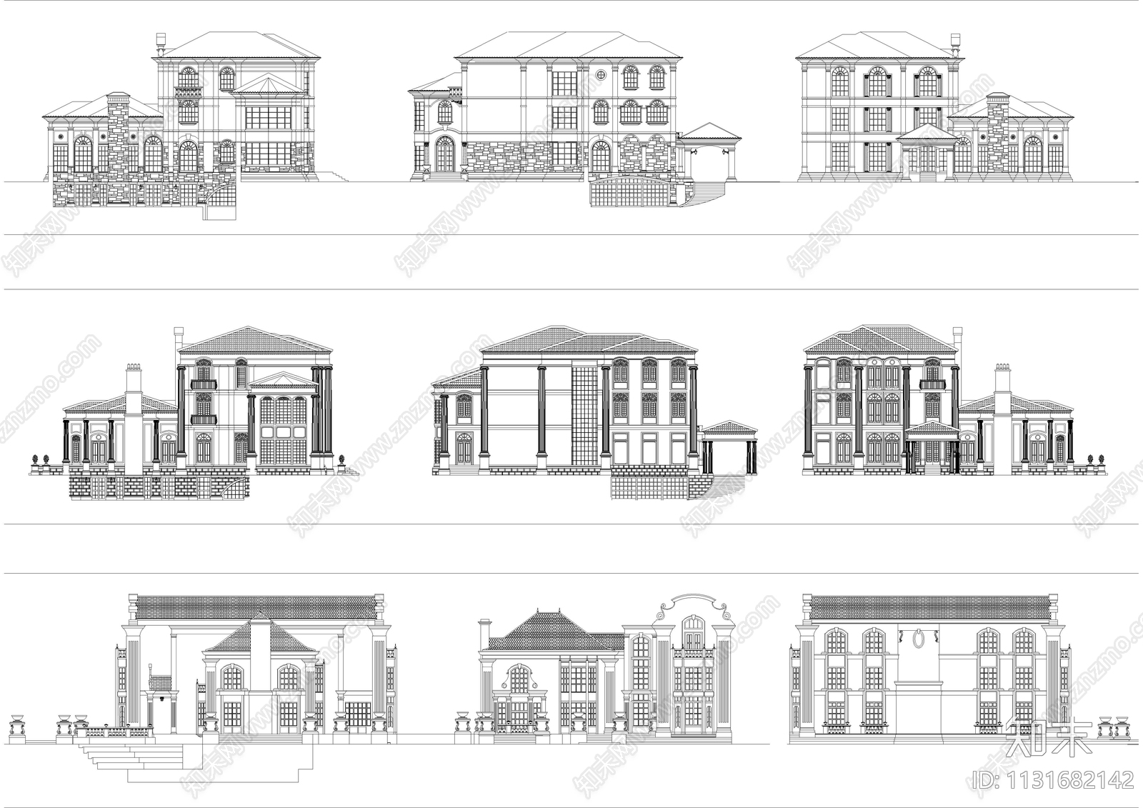 14套别墅外立面设计图库施工图下载【ID:1131682142】