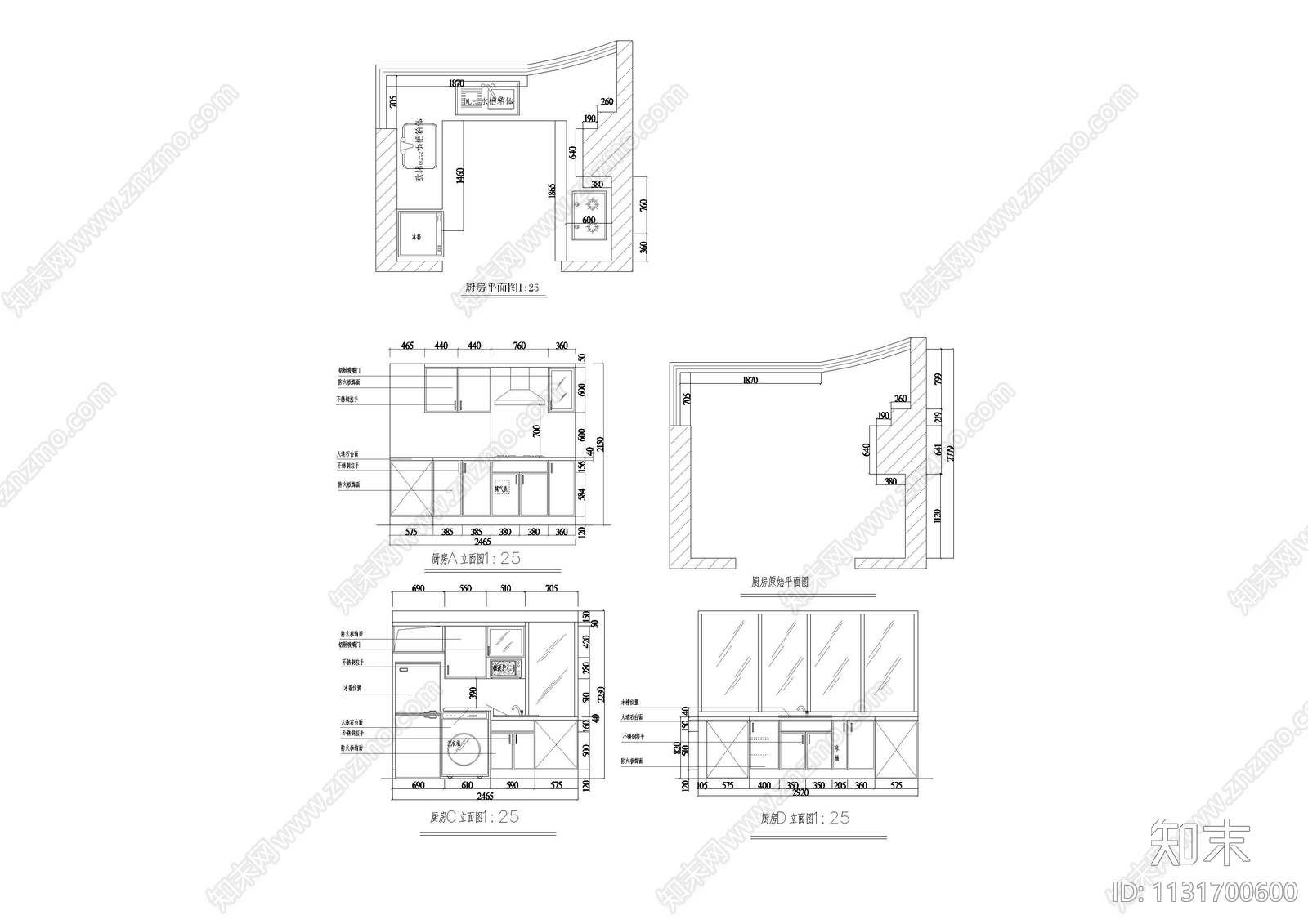 U型厨房立面图cad施工图下载【ID:1131700600】