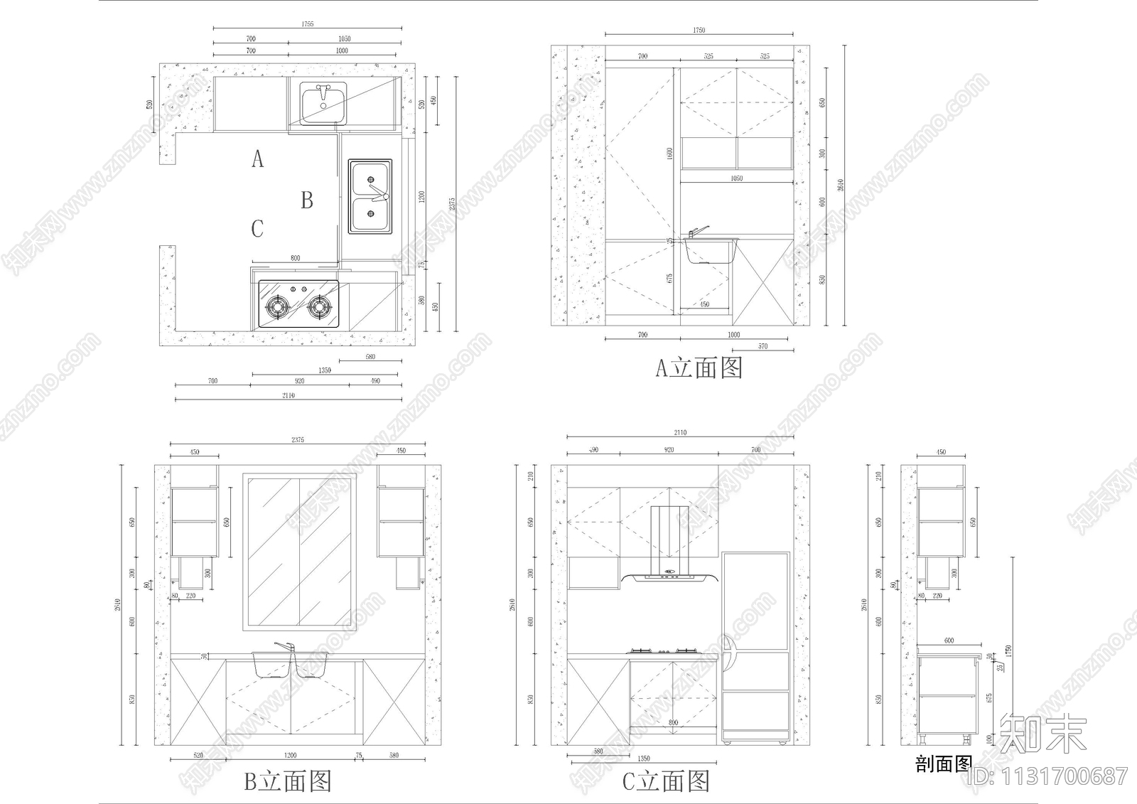 别墅西橱中厨立面图cad施工图下载【ID:1131700687】