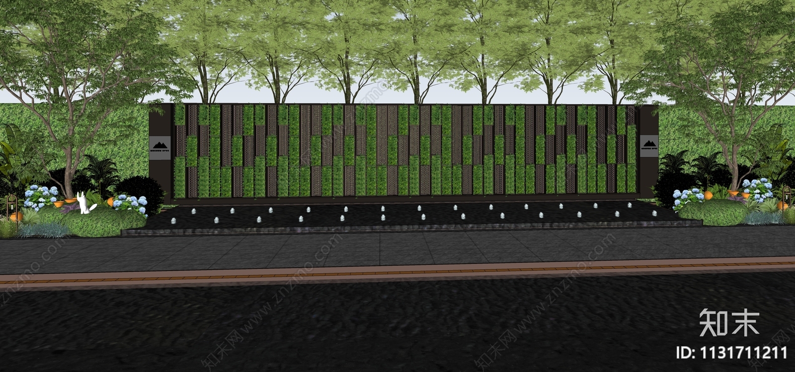 现代示范区产业园入口垂直绿化金属格栅logo对景景墙围墙SU模型下载【ID:1131711211】