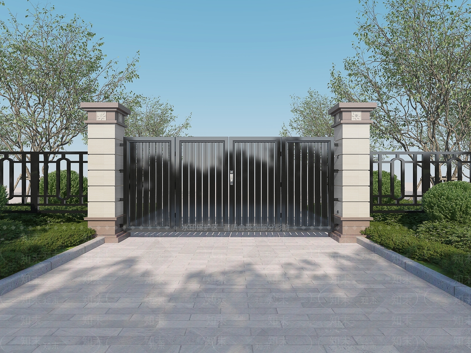 现代铁艺围墙入户门3D模型下载【ID:1131720711】