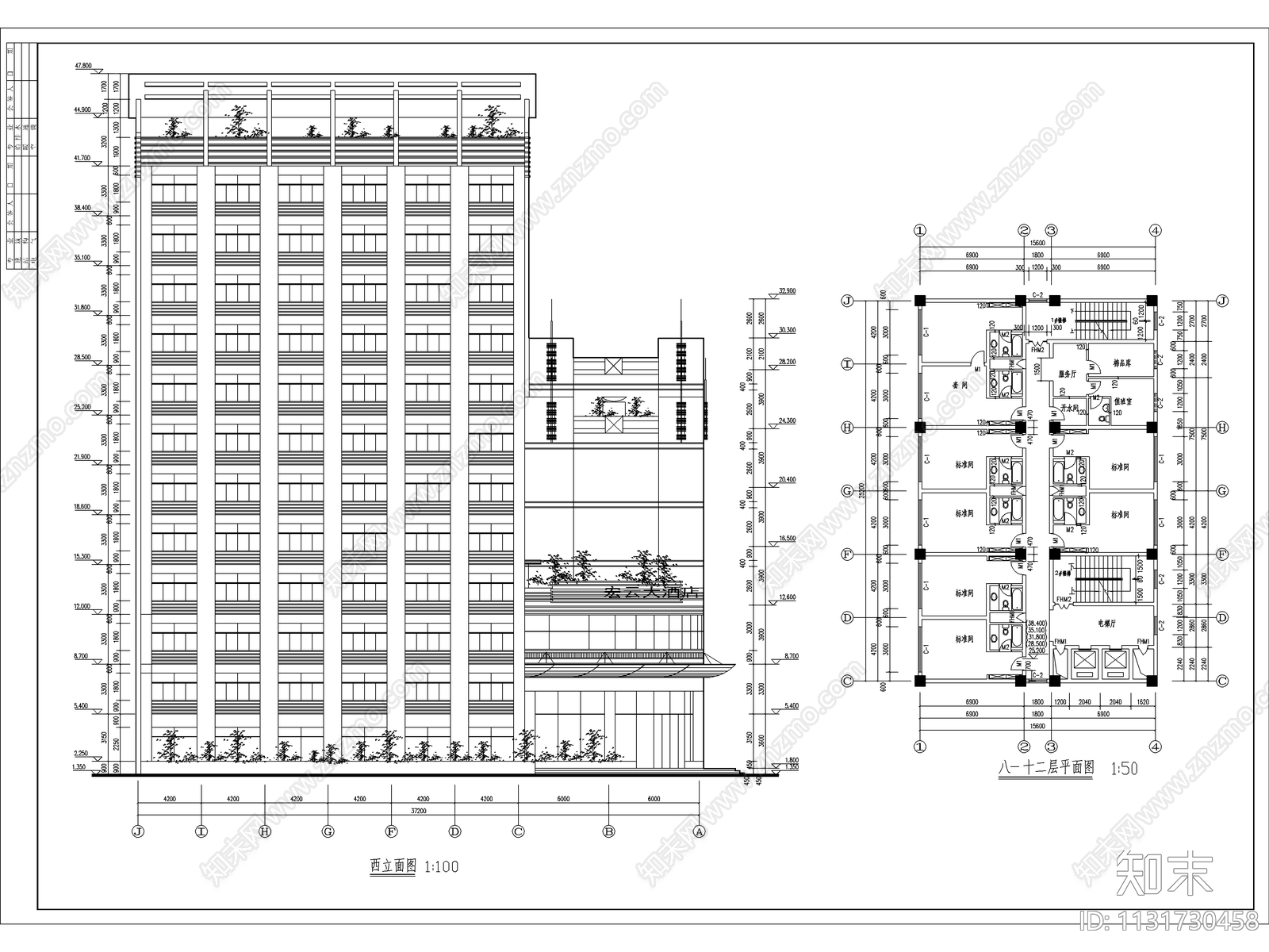 十二层酒店建筑cad施工图下载【ID:1131730458】