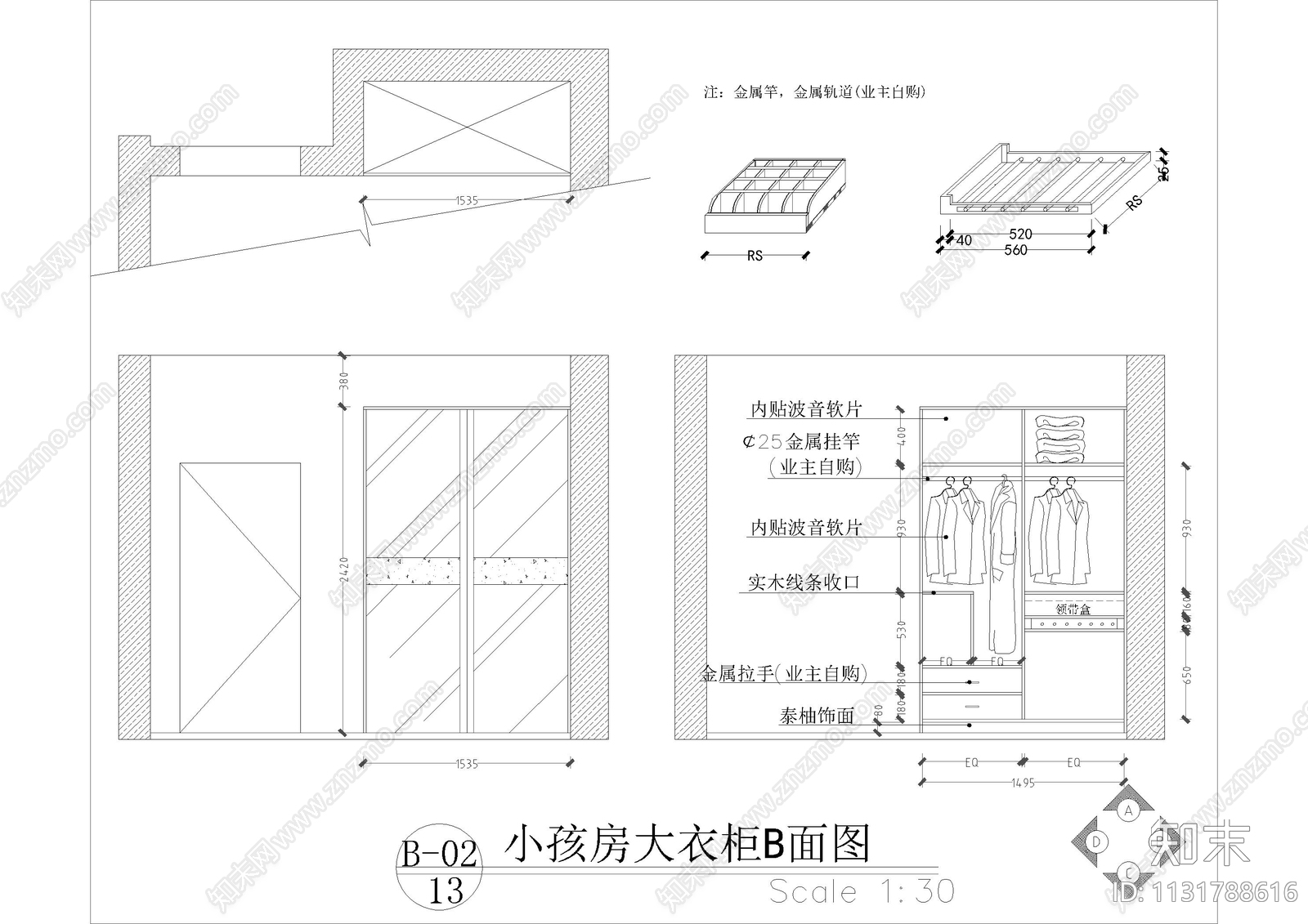 衣柜卧室立面施工图下载【ID:1131788616】