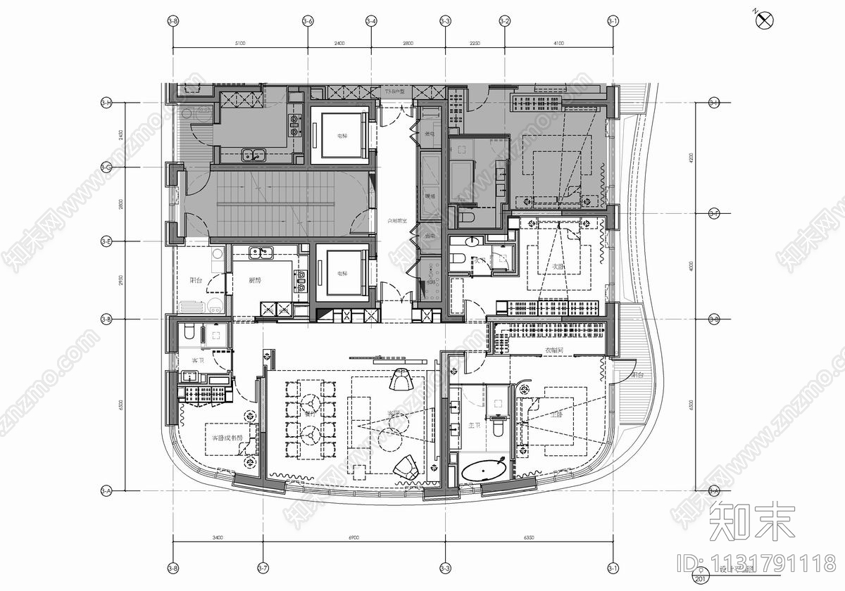 150㎡大平层样板房平立面cad施工图下载【ID:1131791118】