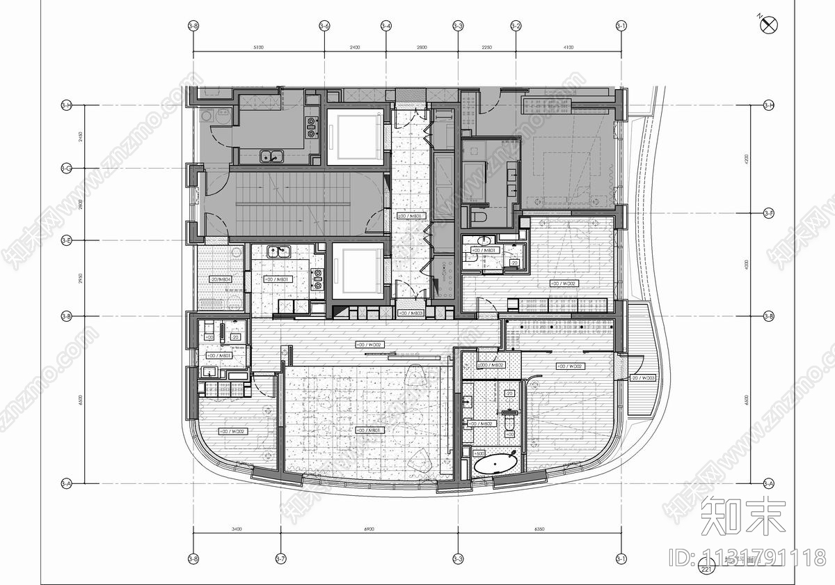 150㎡大平层样板房平立面cad施工图下载【ID:1131791118】