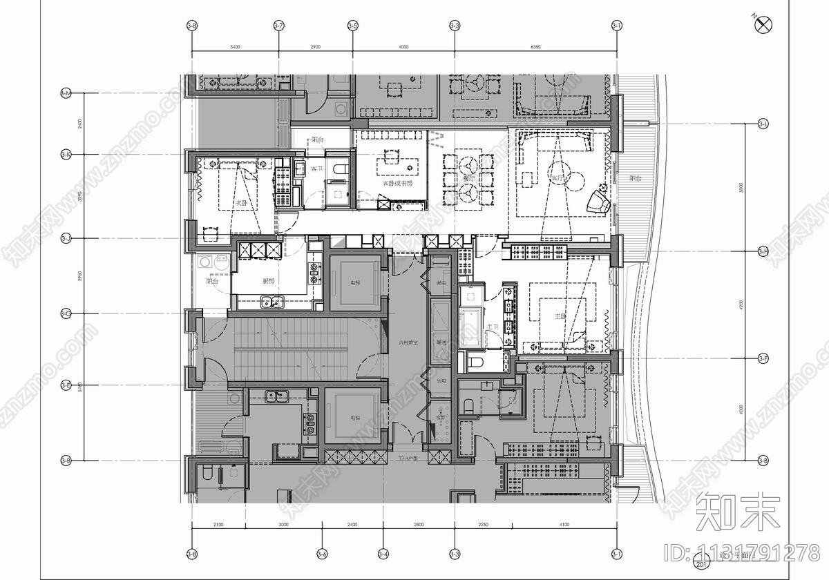 120㎡大平层样板房cad施工图下载【ID:1131791278】