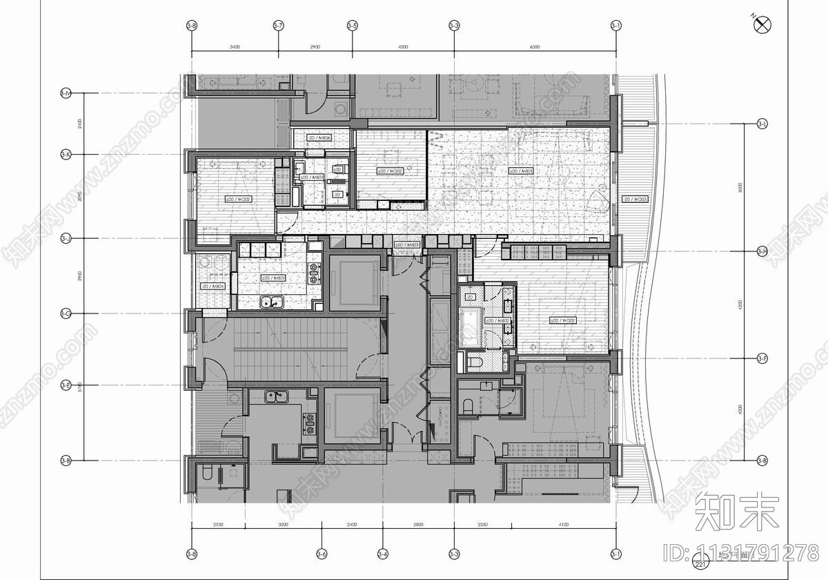 120㎡大平层样板房cad施工图下载【ID:1131791278】