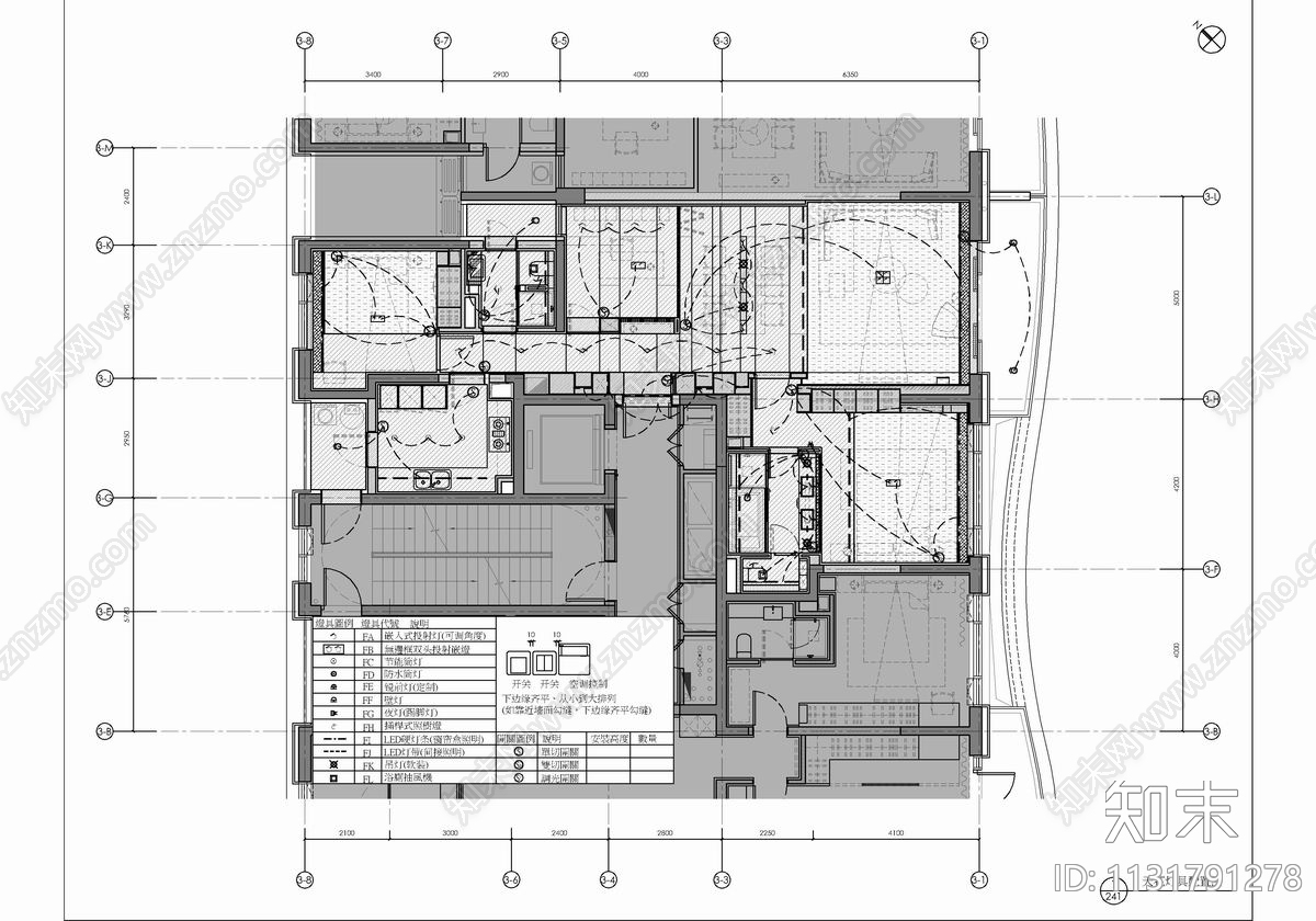 120㎡大平层样板房cad施工图下载【ID:1131791278】