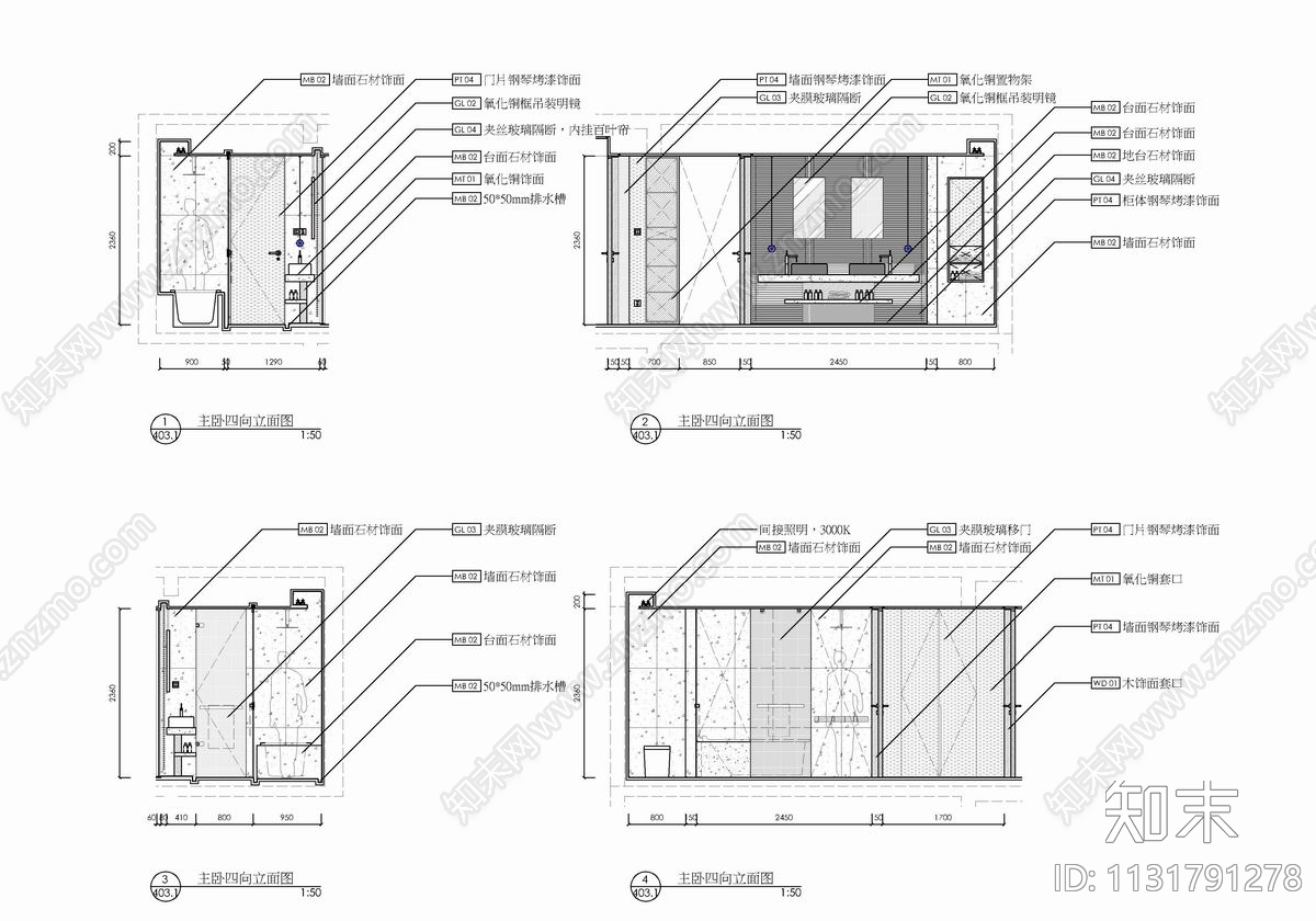 120㎡大平层样板房cad施工图下载【ID:1131791278】