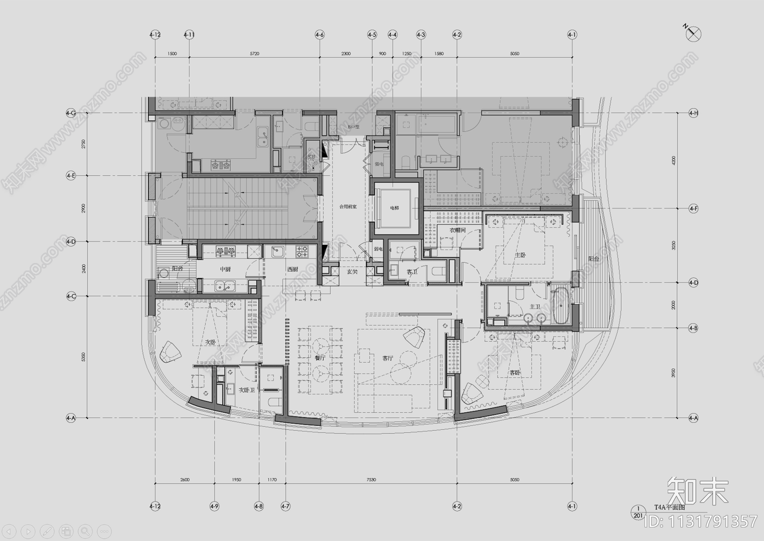 160㎡大平层样板房cad施工图下载【ID:1131791357】