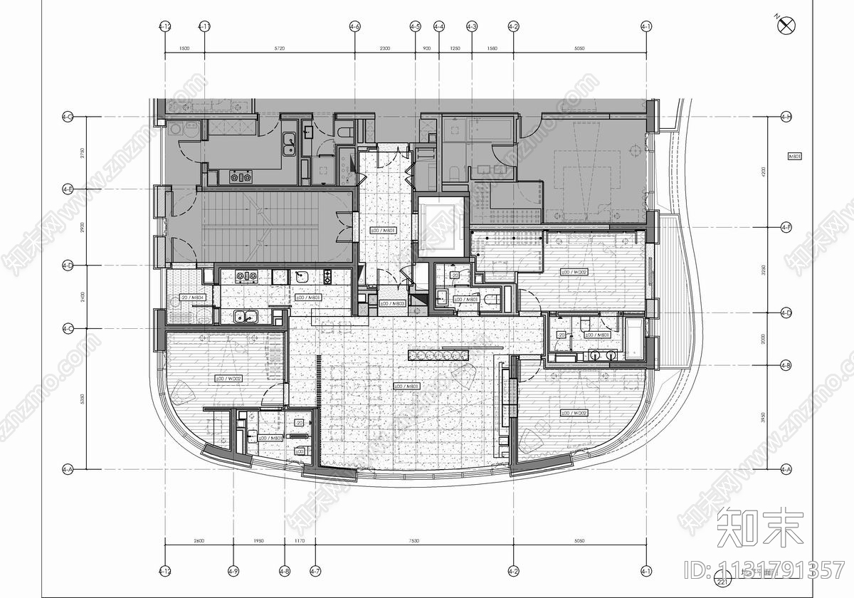 160㎡大平层样板房cad施工图下载【ID:1131791357】