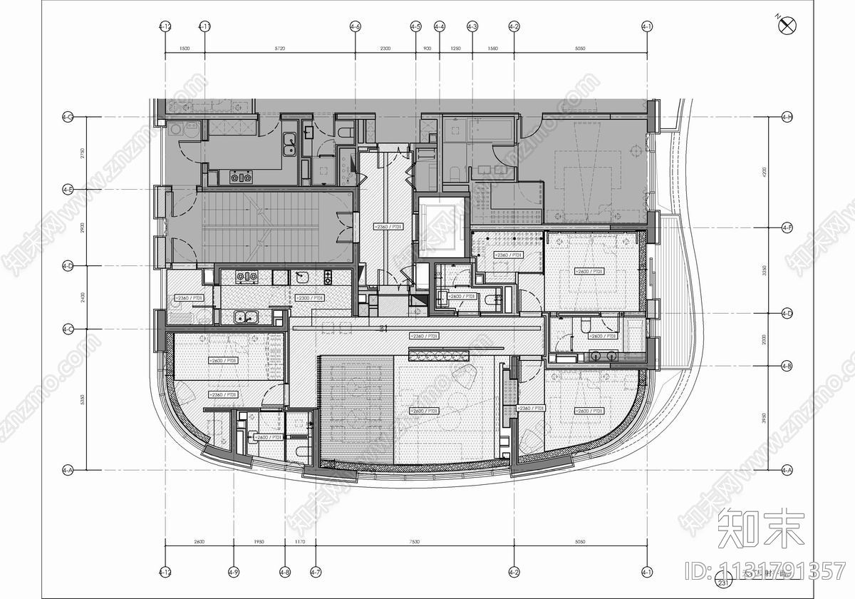 160㎡大平层样板房cad施工图下载【ID:1131791357】