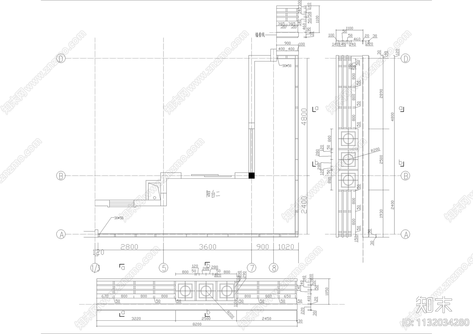 阳台建筑设计大样cad施工图下载【ID:1132034280】