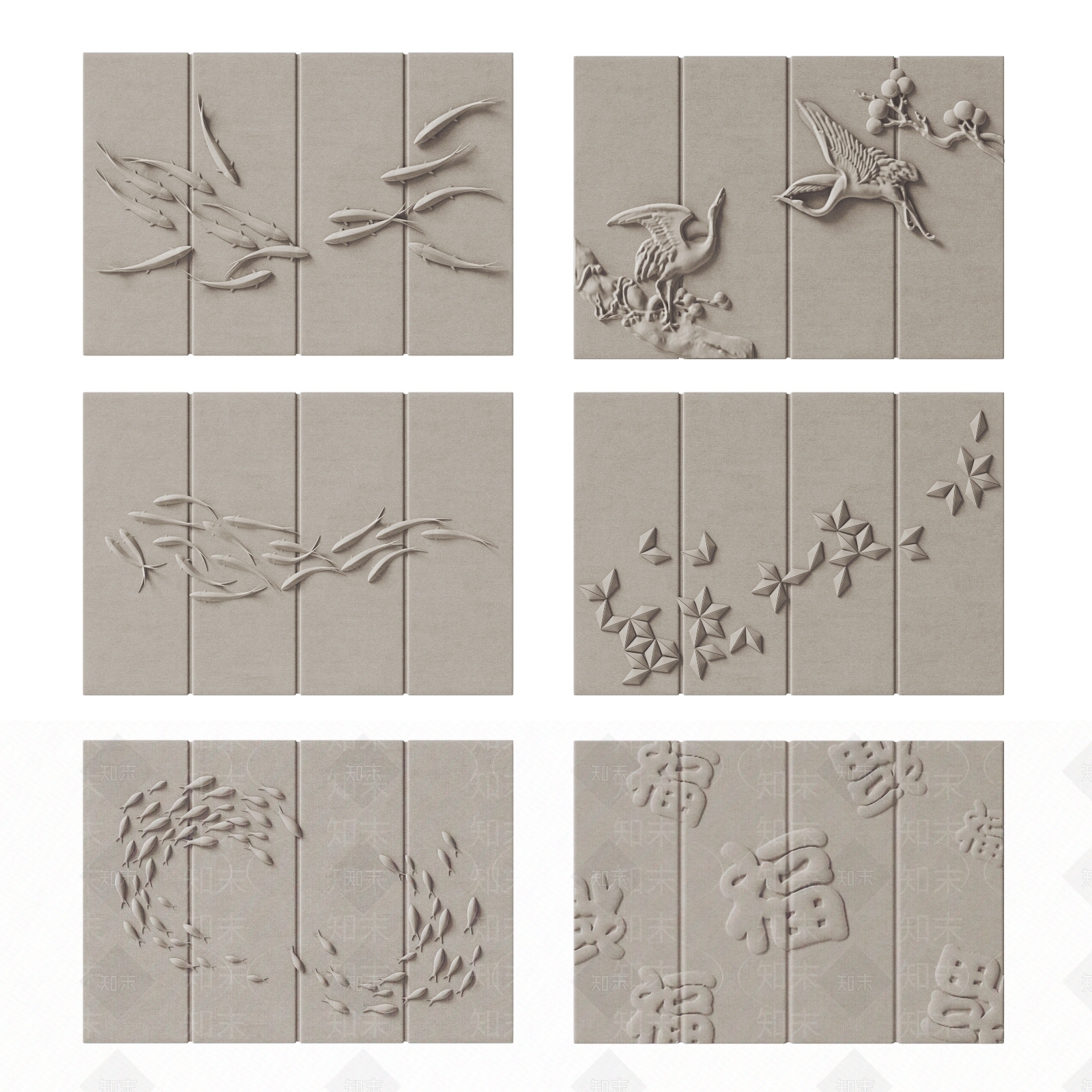 新中式浮雕硬包背景墙3D模型下载【ID:1131814946】