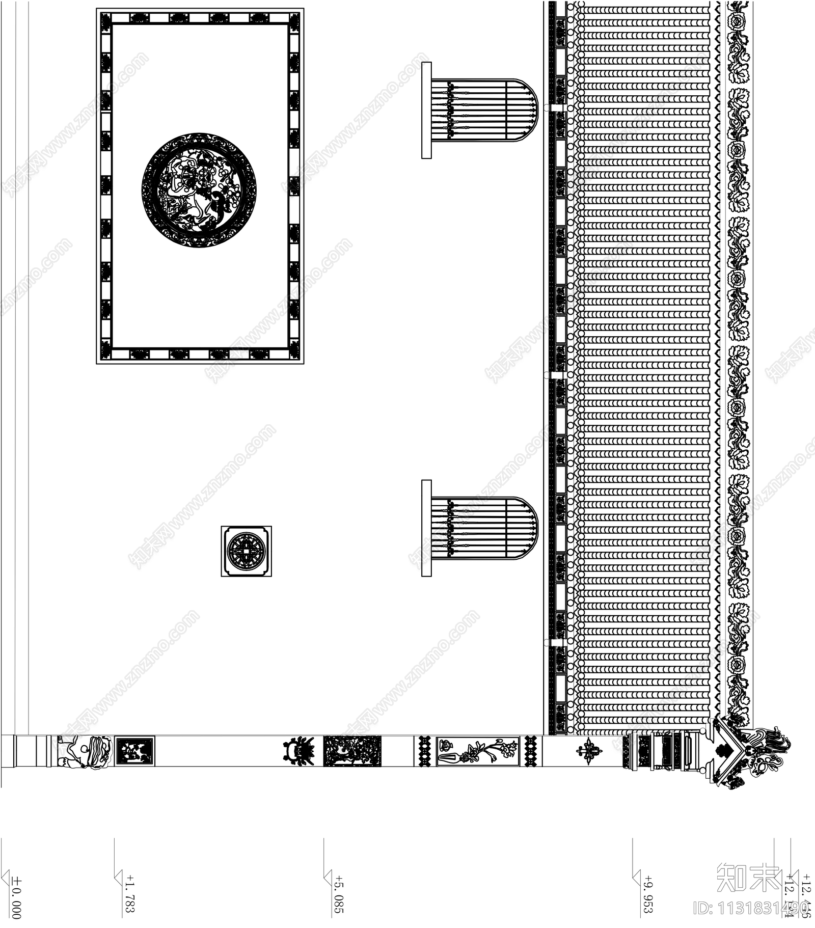 中式古建筑群立面测量图图纹浮雕施工图下载【ID:1131831490】