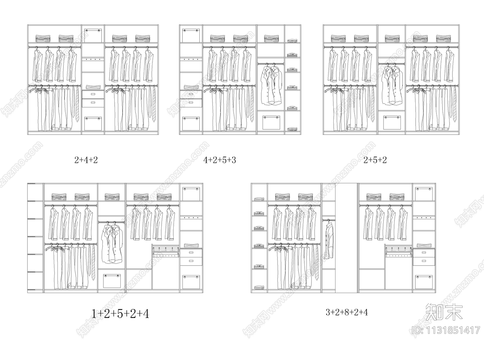 11套衣柜组合标准cad施工图下载【ID:1131851417】