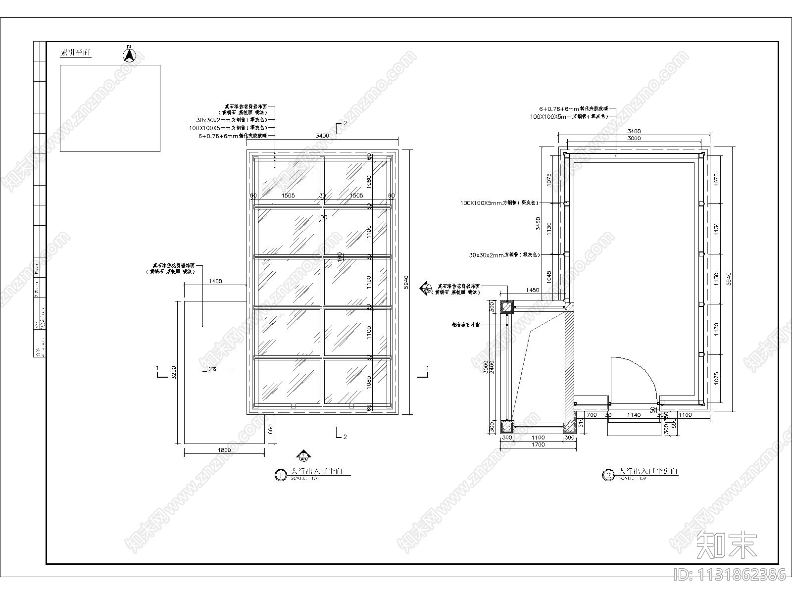 人行出入口细部含夹胶玻璃cad施工图下载【ID:1131862386】