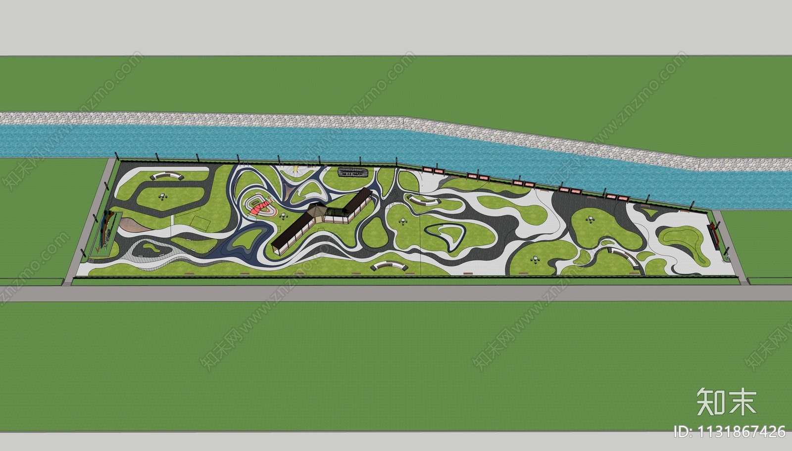 现代滨水公园景观鸟瞰SU模型下载【ID:1131867426】