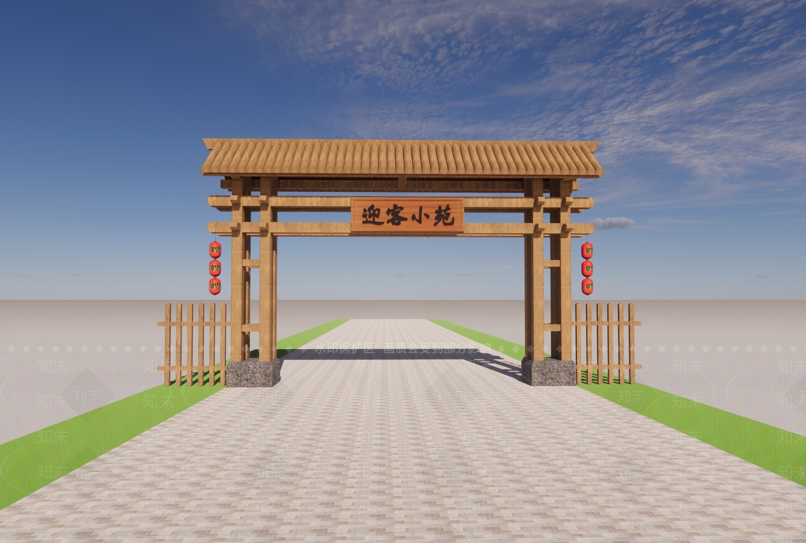 中式迎客小苑牌坊牌楼SU模型下载【ID:1131877279】