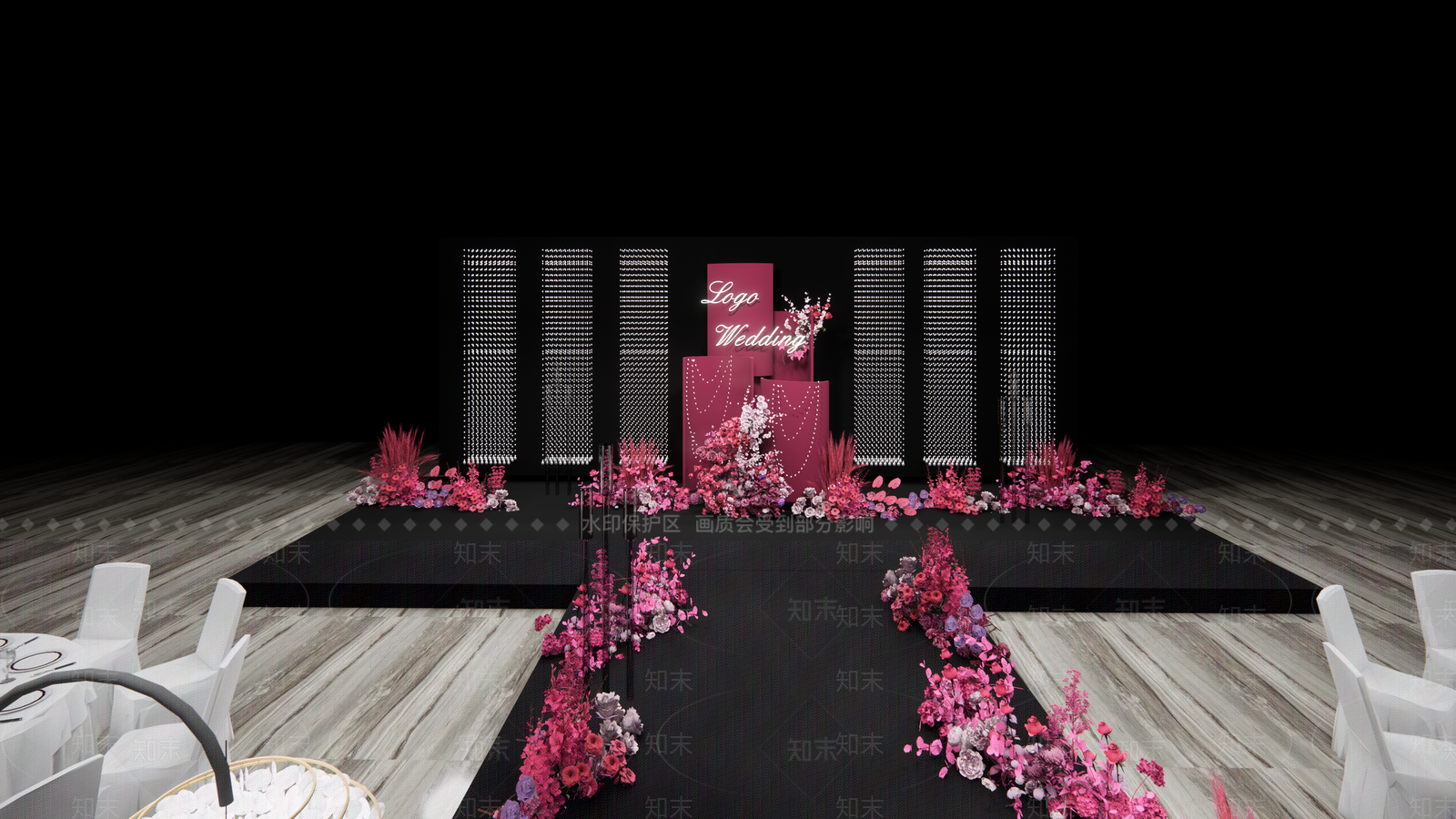 现代玫红色婚礼酒店宴会厅SU模型下载【ID:1131879331】