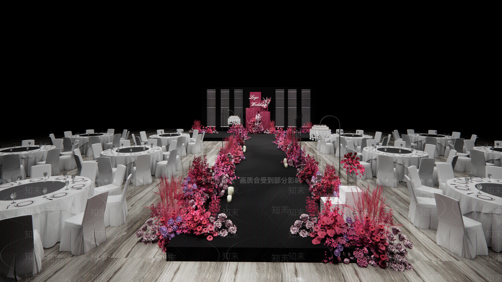 现代玫红色婚礼酒店宴会厅SU模型下载【ID:1131879331】