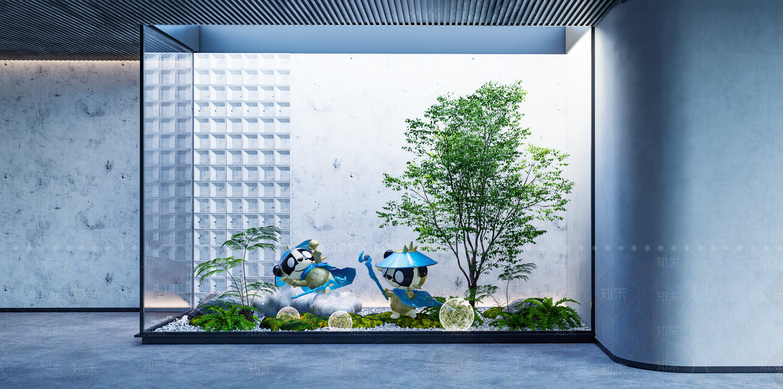 现代庭院室内熊猫雕塑景观组合SU模型下载【ID:1131884032】