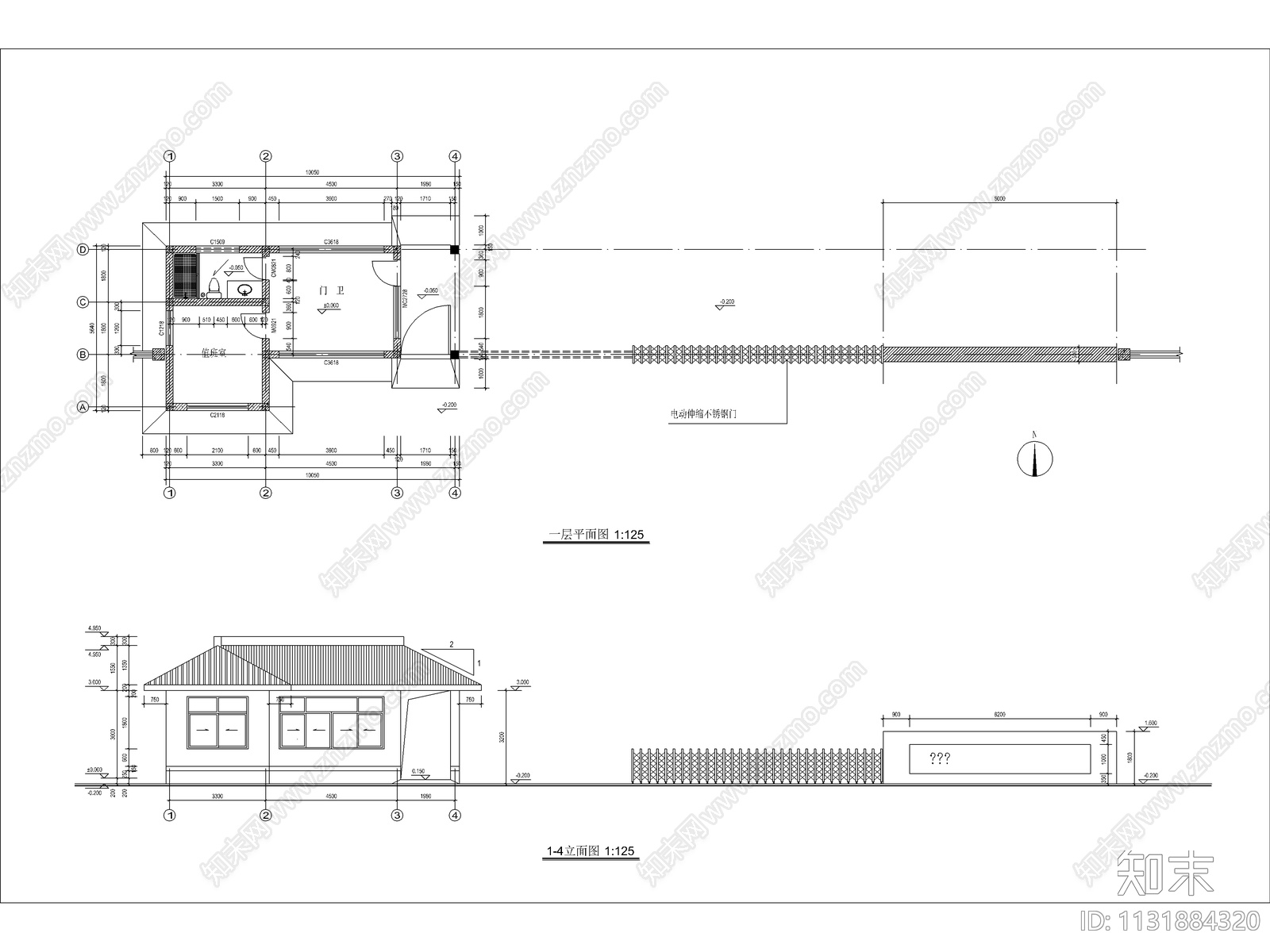 办公楼门卫建筑cad施工图下载【ID:1131884320】