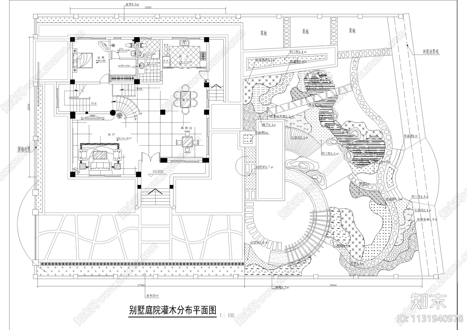 别墅庭院绿化平面图cad施工图下载【ID:1131940978】