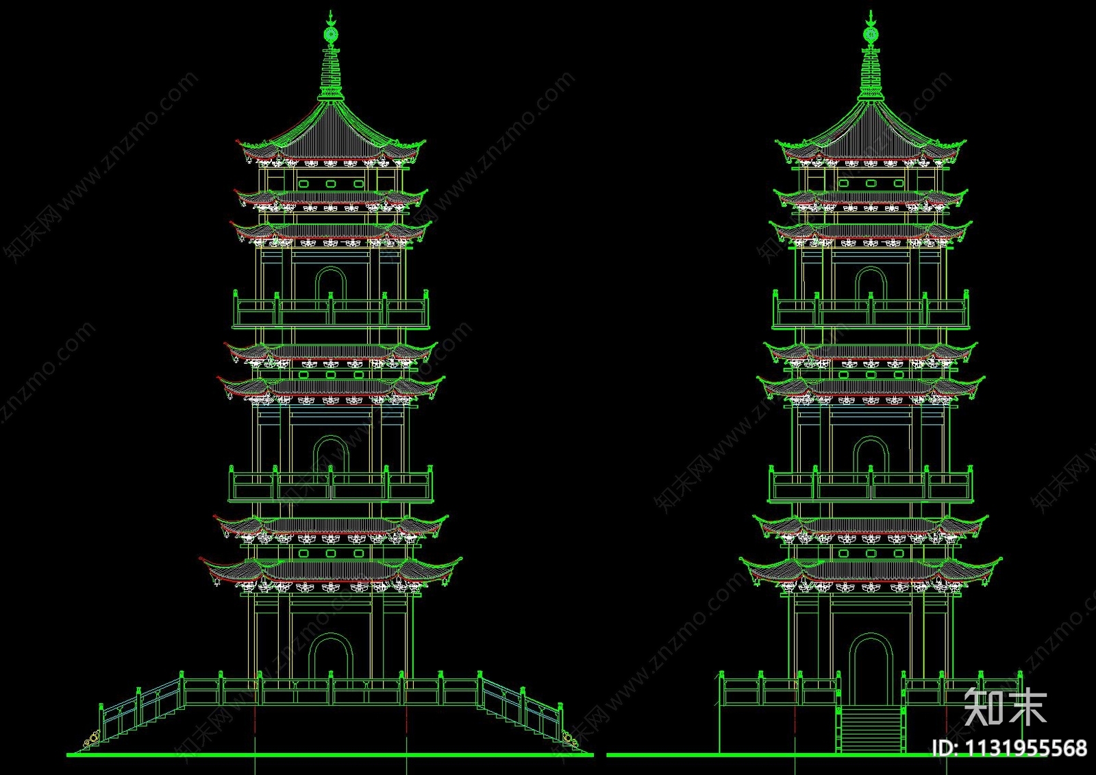 中式古建高层塔楼建筑cad施工图下载【ID:1131955568】