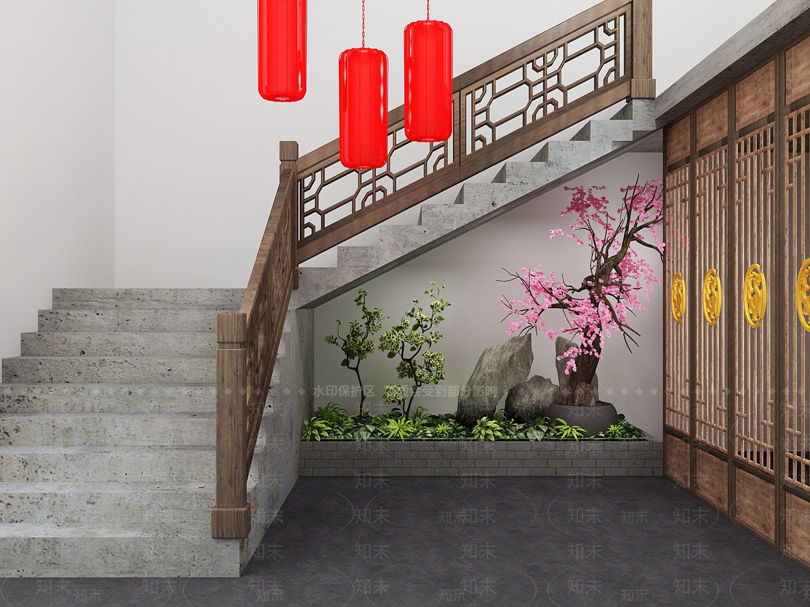 新中式扶手楼梯间3D模型下载【ID:1131982269】