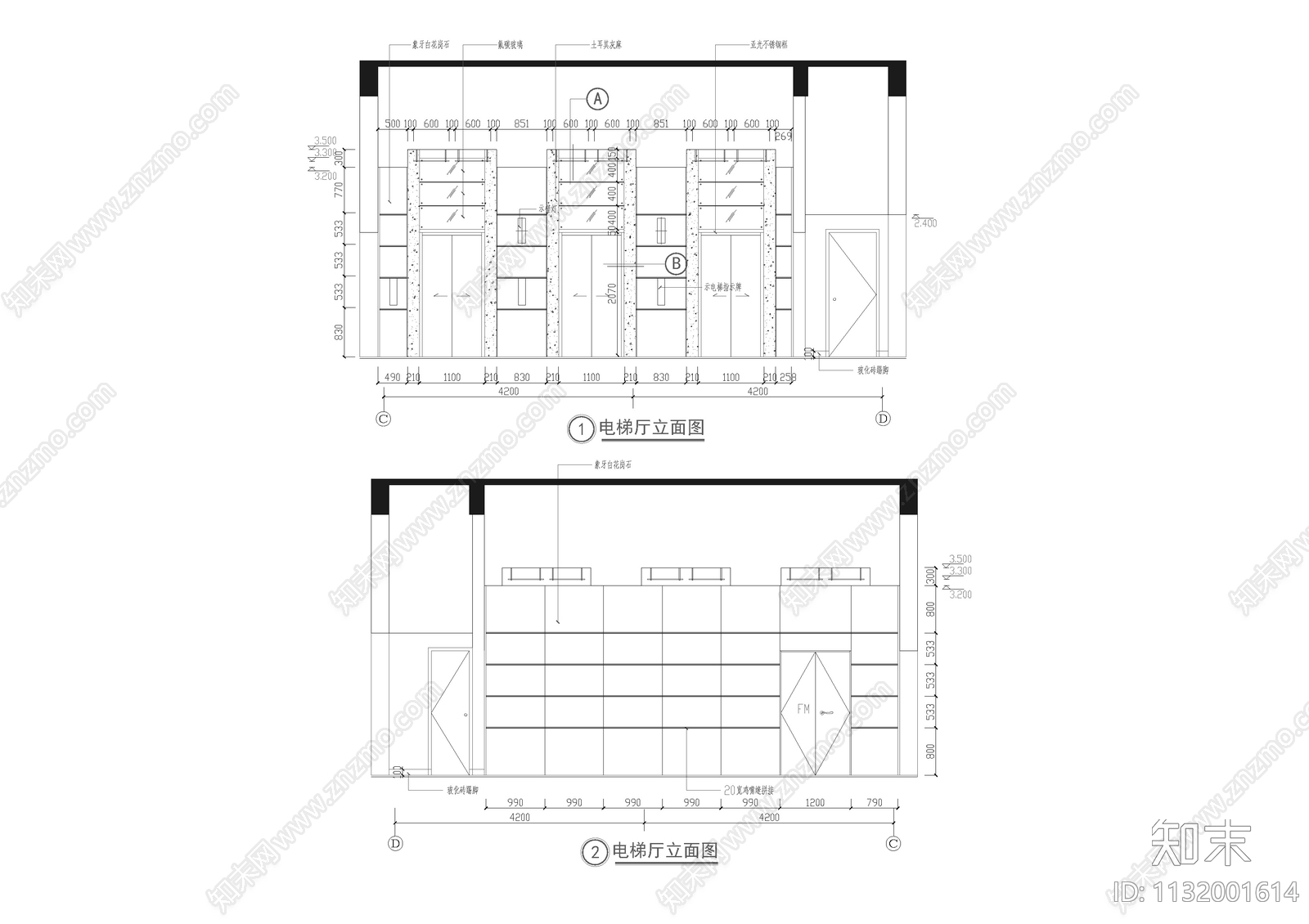 电梯厅装修详图cad施工图下载【ID:1132001614】