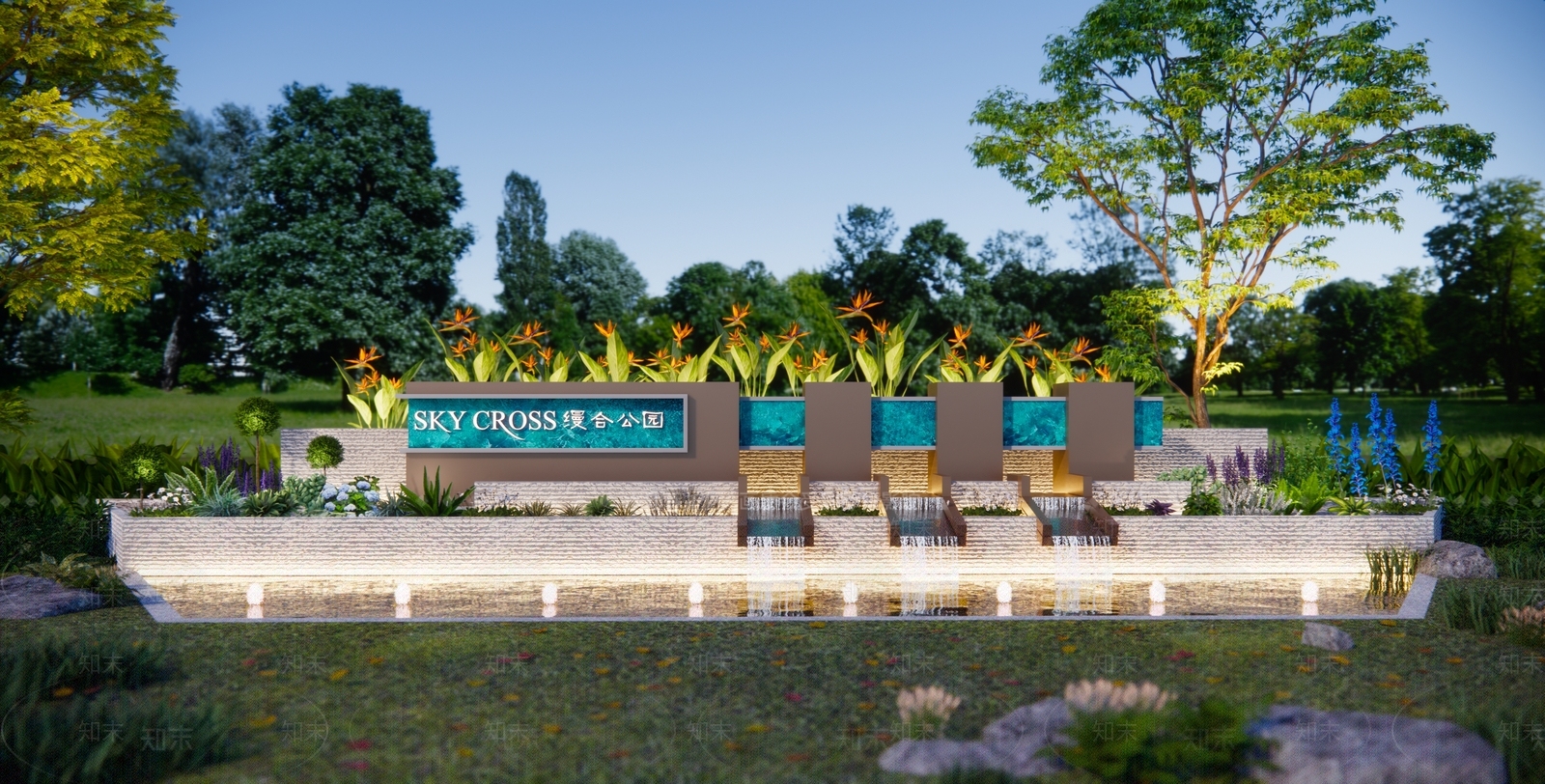 现代森林公园入口大门LOGO景墙围墙SU模型下载【ID:1132009469】