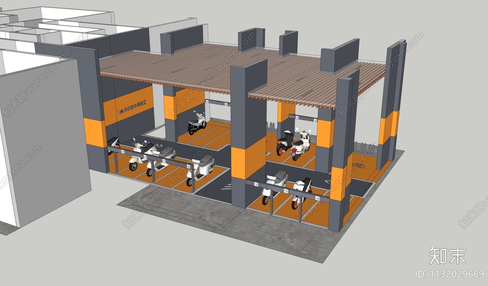 现代架空层非机动停放区SU模型下载【ID:1132029669】